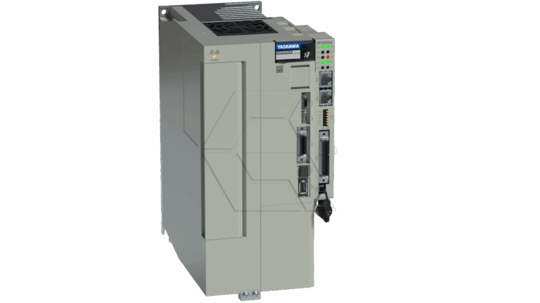 A Yaskawa industrial servo drive unit, featuring multiple ports, indicator lights, and a grey rectangular casing with ventilation slats on top.