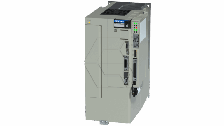 A gray Yaskawa industrial servo drive unit with indicator lights, ports, and ventilation slots, mounted on a metallic backplate against a plain light background.