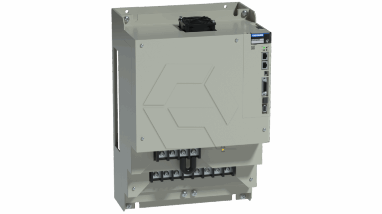A gray industrial electrical control panel with several ports, terminals, and a cooling fan on top, mounted on a wall. The panel features a logo and a small display on the upper right corner.