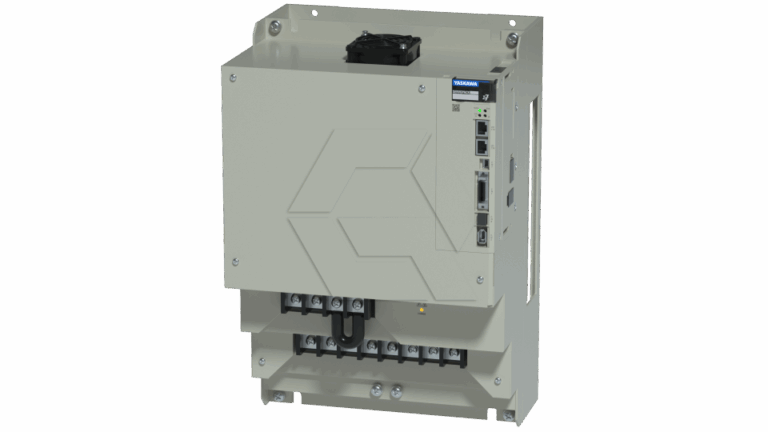 A gray industrial electrical component, possibly a soft starter or motor controller, with various ports, terminals, and a small display screen on the upper right side. The unit is mounted on a metal frame.