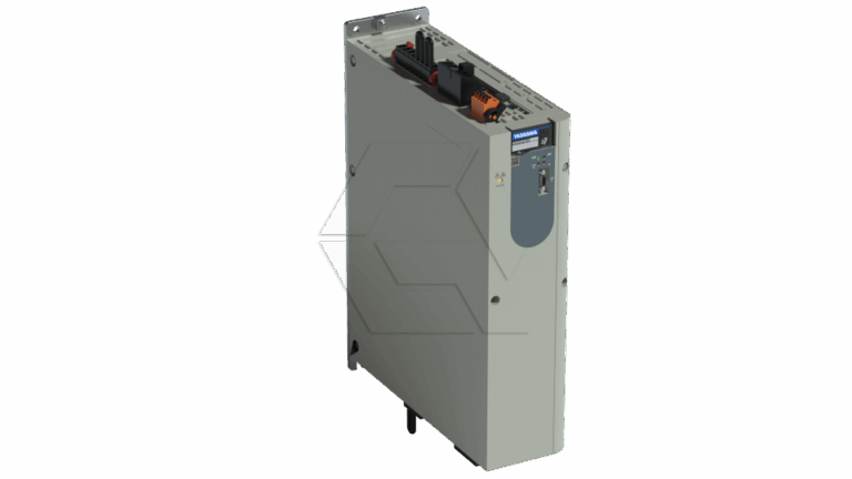 A gray industrial electronic device, likely a variable frequency drive or control unit, with a display screen, buttons, and wiring connections on the top, mounted on a vertical metal plate.