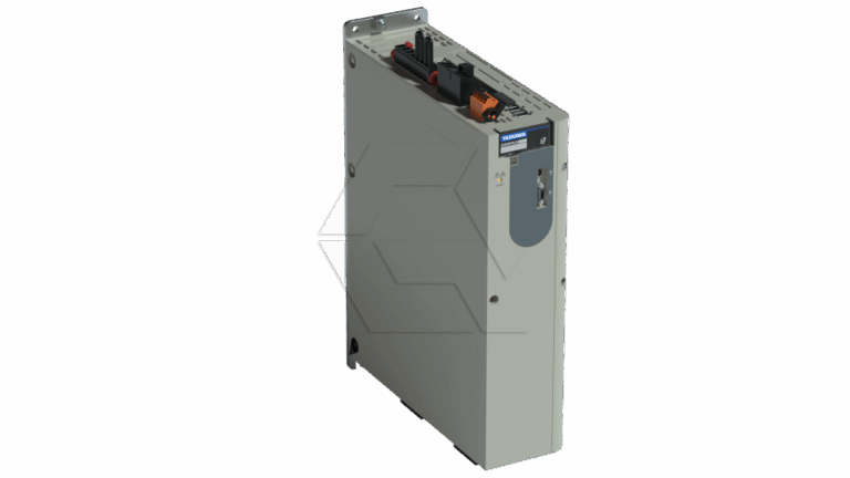 A single gray industrial electronic device, likely a servo drive or motor controller, with ports, connectors, and indicator labels on the top and front panels, standing upright against a plain background.