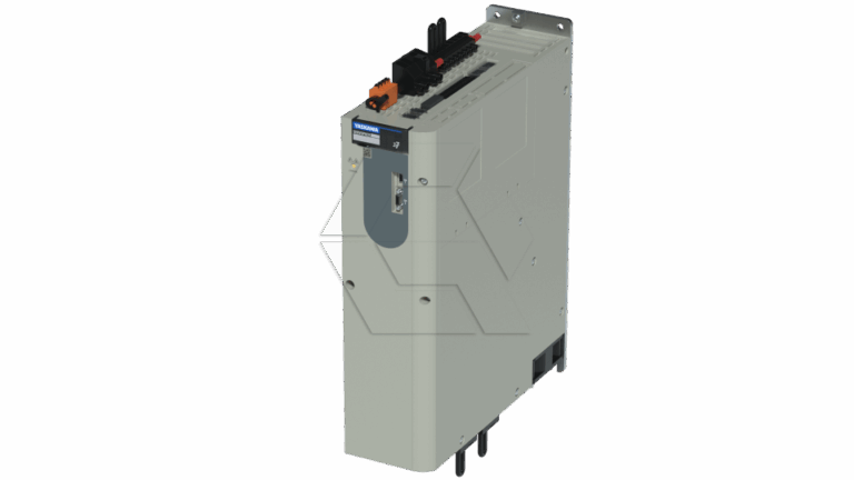 A beige industrial electronic device with a vented top, multiple ports, a label, and black and orange connectors, mounted on a metal plate for installation.