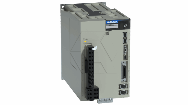 A Yaskawa SERVOPACK industrial servo drive unit in a gray metal casing, featuring multiple ports, connectors, and indicator labels on the front panel.