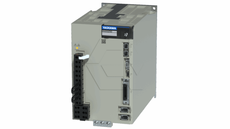 A Yaskawa servopack industrial device with multiple ports, connectors, and indicator lights on the front panel, used for controlling servo motors in automation systems.