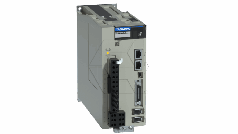 A Yaskawa SERVOPACK industrial servo drive with various ports and connectors on its front panel, labeled indicators, and a gray rectangular housing.