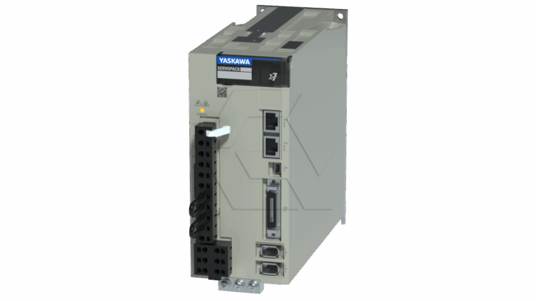 A Yaskawa servo drive unit with multiple ports and connection slots on the front panel, labeled with the Yaskawa logo at the top, against a plain light background.