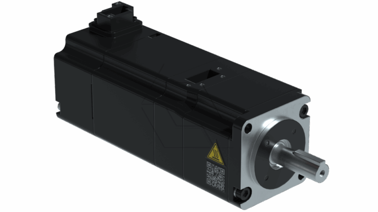 A black industrial electric motor with a silver cylindrical shaft, mounting holes on the front plate, a yellow warning label, and a QR code, photographed on a plain white background.