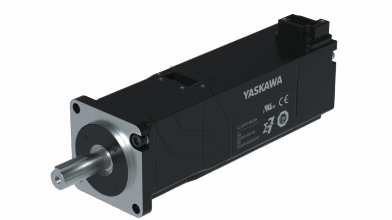 A black Yaskawa electric servo motor with a metal shaft, electrical connector, and labeled technical specifications on the side, displayed on a light background.