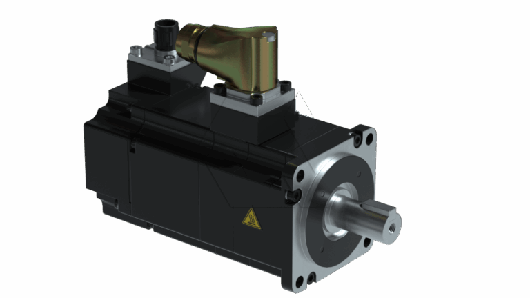 A black industrial electric servo motor with a silver output shaft and a gold-colored connector on top, shown against a plain white background.