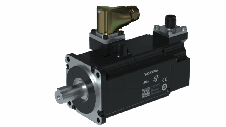 A black Yaskawa industrial servo motor with a metal shaft, multiple electrical connectors, and visible product labels on the housing, set against a plain white background.