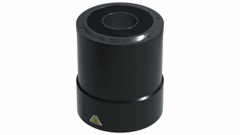A black cylindrical industrial component with a central hole and metallic top edge, featuring a small yellow warning triangle near the base. The surface is smooth and shiny, and it is set against a plain white background.