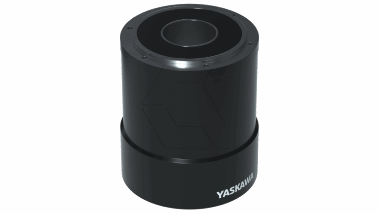 A black cylindrical industrial component with a metallic top and the brand name "YASKAWA" printed on its lower section. The object appears solid and is photographed on a plain, light background.