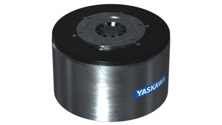 A cylindrical metallic device with a black top and central circular opening, labeled "Yaskawa" on the side, likely an industrial motor or actuator component.