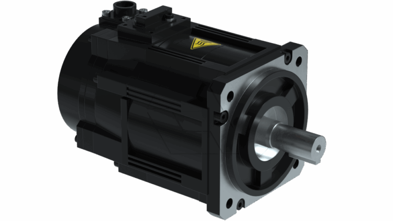 A black industrial electric motor with a cylindrical body, ribbed casing, and a silver metal shaft protruding from the front, photographed on a plain white background.