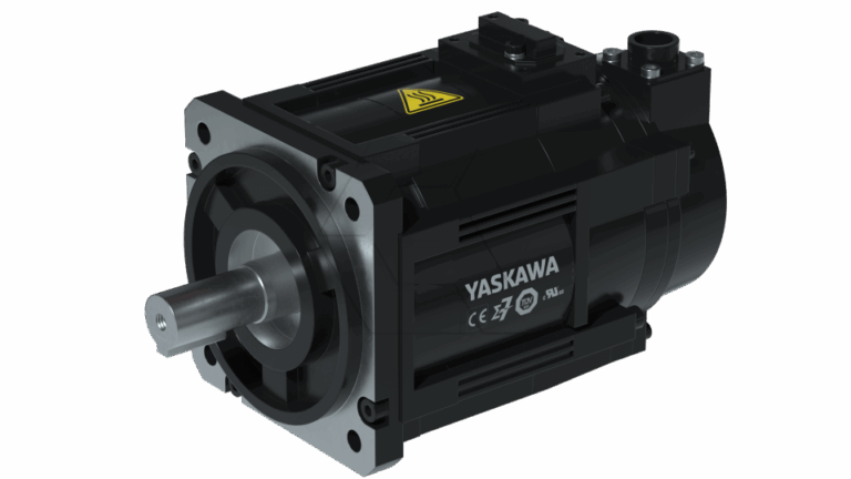 A black Yaskawa industrial servo motor with a metal shaft and labeled markings, including certification symbols, set against a plain background.
