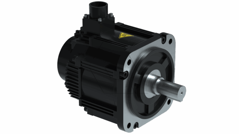 Black and silver industrial electric motor with a cylindrical shaft, cooling fins, and a top connector, viewed from the front right angle on a light background.