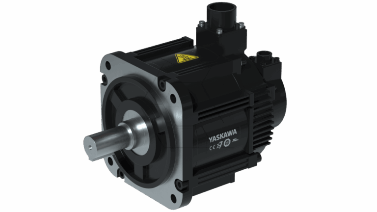 A black Yaskawa electric motor with a cylindrical metal shaft, cooling fins, connector ports on top, and a warning label, shown against a plain light background.