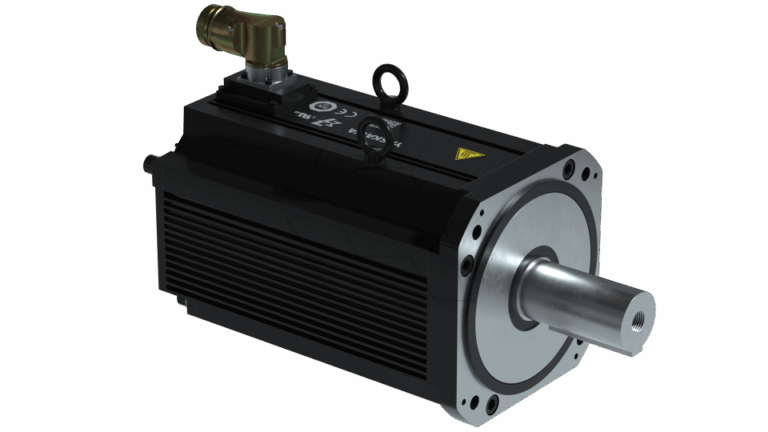 A black industrial servo motor with a prominent silver shaft, cooling fins, and an angled electrical connector on top against a plain white background.