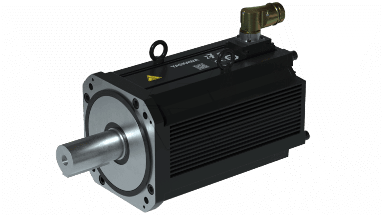 A black Yaskawa servo motor with a silver cylindrical shaft, cooling fins along the body, mounting holes on the front flange, and an electrical connector on top.