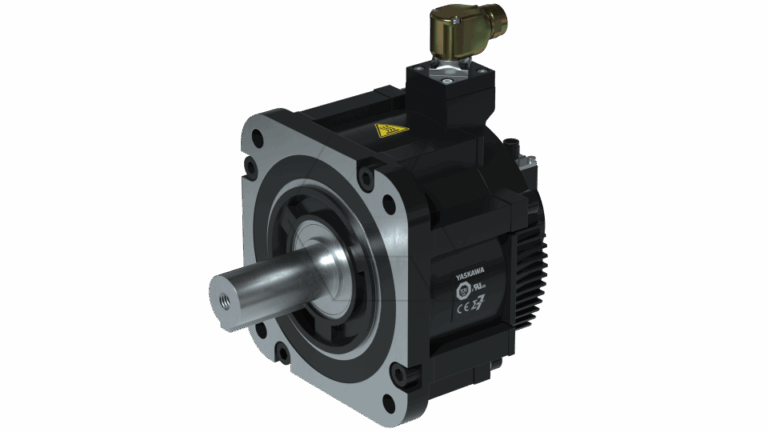 A black and silver industrial servo motor with a prominent metal shaft, cooling fins, mounting holes, and a brass electrical connector on top, shown against a plain white background.