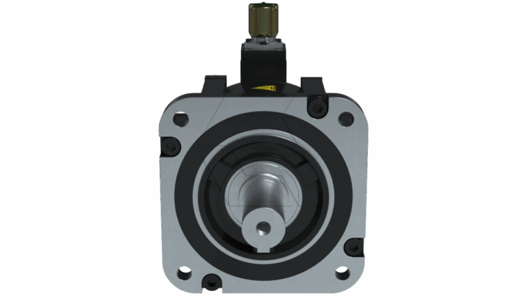Front view of an industrial motor with a square metal mounting plate, central rotating shaft, and a black cylindrical component on top with a connector.