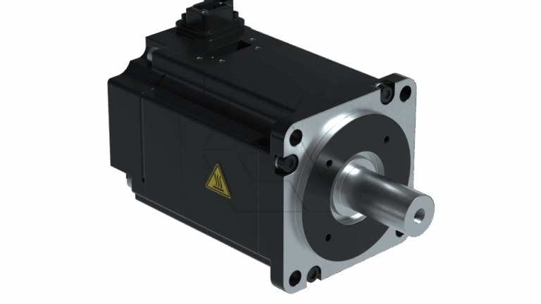 A black industrial servo motor with a metallic cylindrical shaft, mounting plate with four holes, and an electrical connector on top. The body features a yellow warning triangle symbol.
