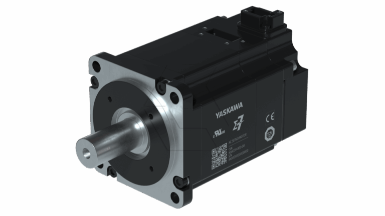 A black Yaskawa servo motor with a metal shaft, mounting holes on the front plate, QR code, certification marks, and labeling on the side. The background is plain and light gray.
