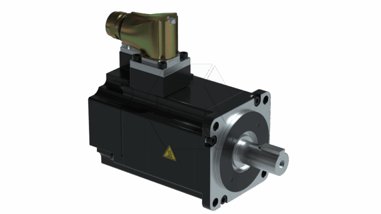 A black industrial servo motor with a silver mounting flange and shaft, featuring a metallic connector on top and a yellow caution symbol on the side.