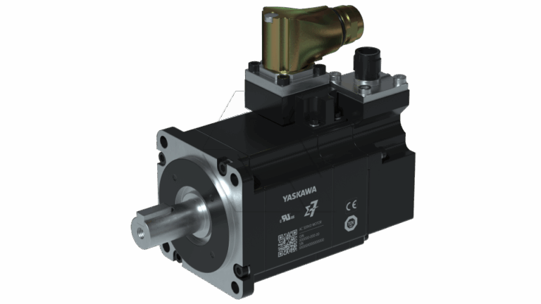 A black Yaskawa servo motor with a silver shaft, metallic connectors, and various certification labels, viewed at an angle against a plain light background.