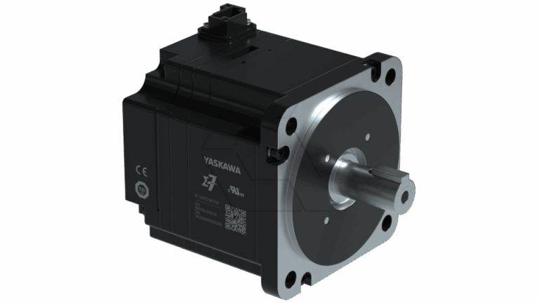 A black Yaskawa electric motor with a metallic front plate, a protruding silver shaft, labeled with logos and certifications, set against a white background.