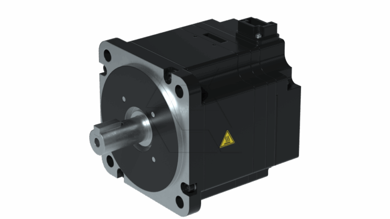 A black industrial motor with a cylindrical metal shaft, mounting plate with four bolt holes, and a small yellow warning symbol on the side, set against a plain white background.