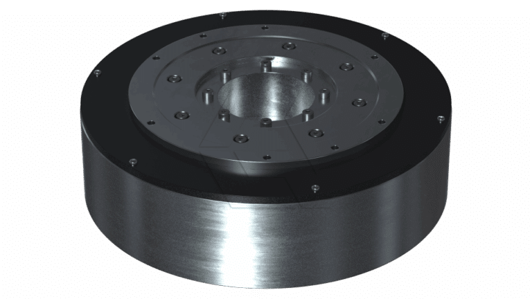 A metallic, circular industrial component with a central hole and multiple evenly spaced bolts on the top surface, featuring a polished outer rim and a matte inner section.