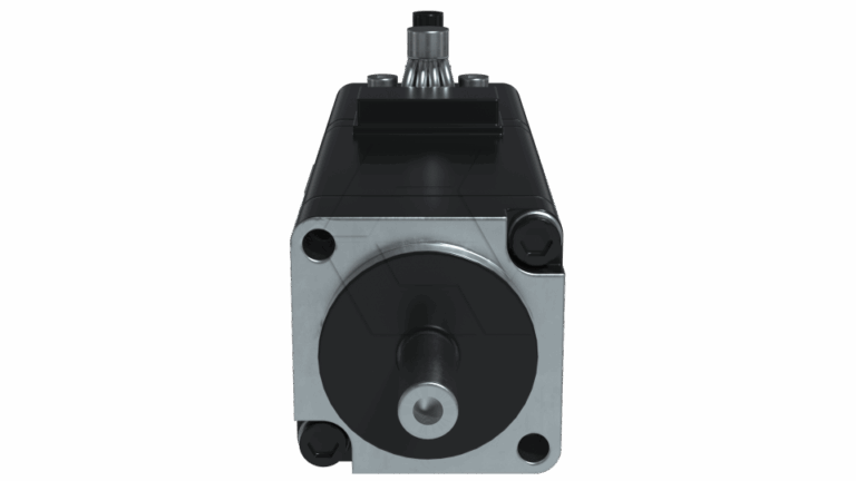 Front view of a black and silver electric motor with a cylindrical shaft protruding from the center, and a gear mechanism visible on the top.