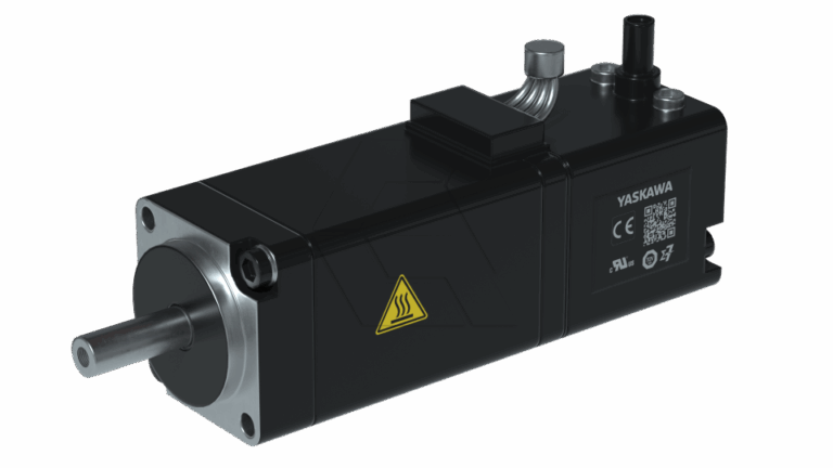 Black Yaskawa industrial servo motor with a cylindrical metal shaft, warning label, connecting cables, and product information label featuring barcodes and certification symbols. The motor has a boxy rectangular shape.