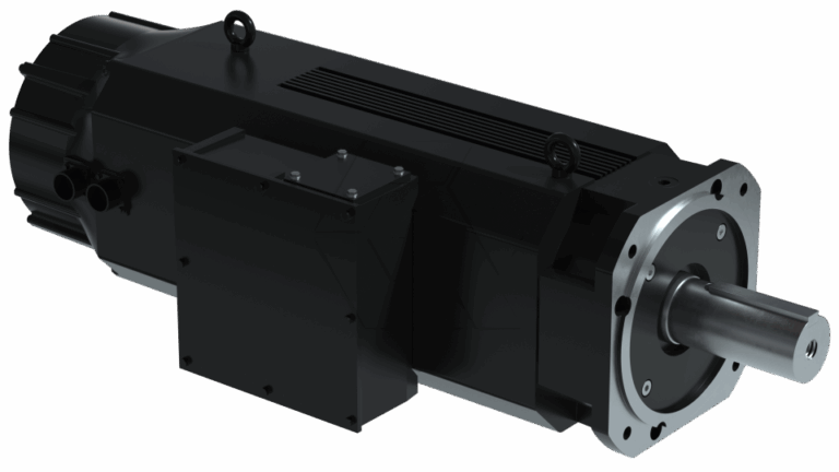 A black industrial servo motor with a rectangular body, mounting flanges, a protruding metal shaft, and attached electrical junction box, shown on a white background.