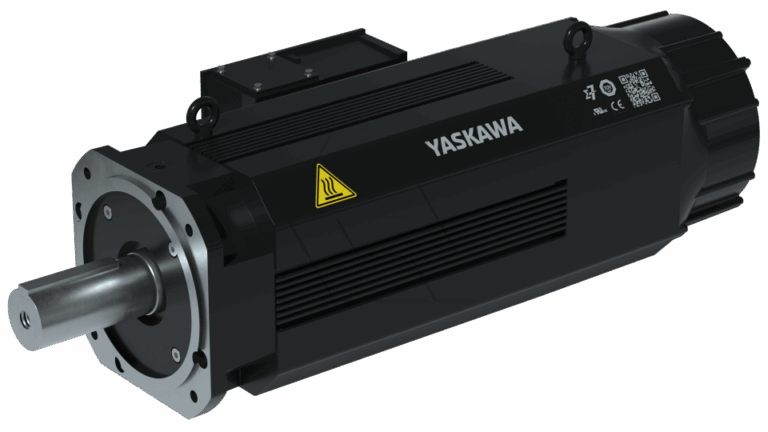 A black Yaskawa electric motor with a cylindrical metal shaft, cooling fins, and caution symbols on its housing, viewed at a slight angle on a white background.