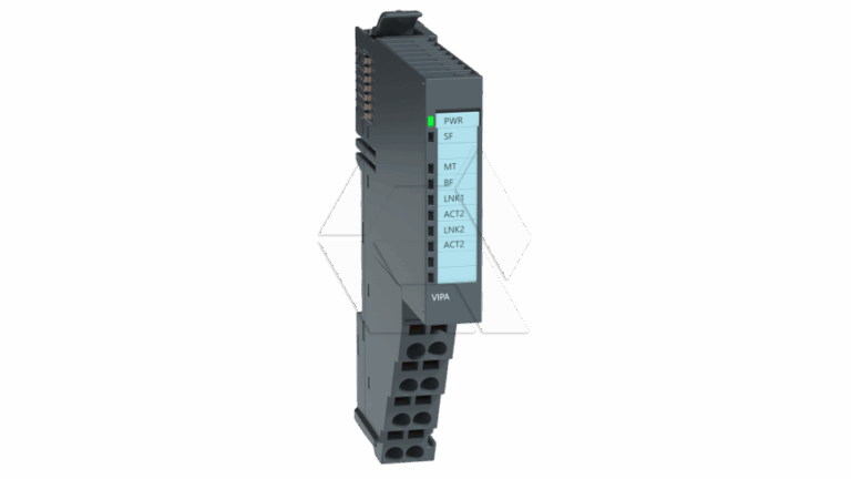 A black, rectangular industrial automation module with labeled indicator lights and connection ports, standing vertically against a plain white background. The device is marked "VIPA" at the bottom.