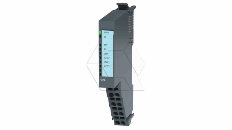 A grey industrial automation module with indicator lights and labeled ports, shown standing upright against a plain white background. Labels on the module include PWR, SF, MT, BF, UNX1, ACT1, ACT2, UNX2.