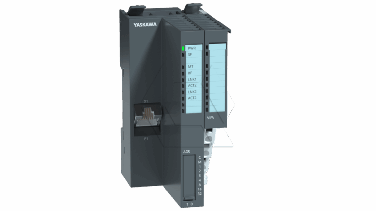 A Yaskawa VP4A industrial automation module with status LEDs, multiple ports, and a labeled panel, displayed against a plain white background.