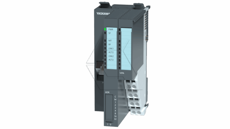 A Yaskawa automation module with labeled indicator lights, ports, and numbered terminal connections on the front panel, designed for industrial control systems.