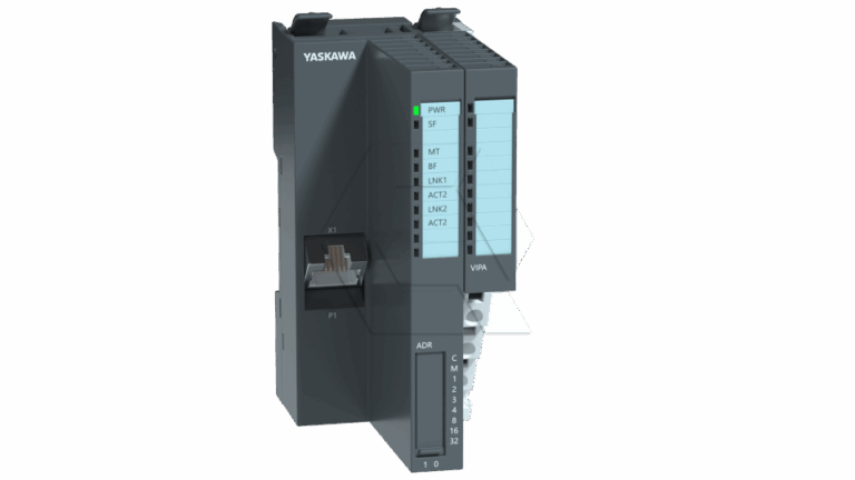 A Yaskawa industrial automation module with multiple LED indicators, labeled ports, and a network connection slot on the front panel. The device is mostly black with blue and green labels.