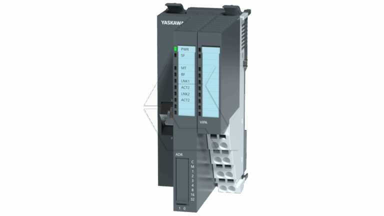 A Yaskawa industrial automation module with indicator lights and labeled sections, featuring connection ports and a vertical row of numbered terminals on its front panel.