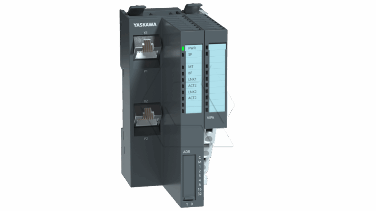 A black Yaskawa industrial automation module with multiple Ethernet ports, labeled X1 and X2, indicator lights, and a blue status display panel on the front.