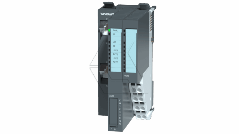 A Yaskawa industrial automation module with labeled indicator lights, connection ports, vents, and a numeric terminal block, shown against a plain light background.