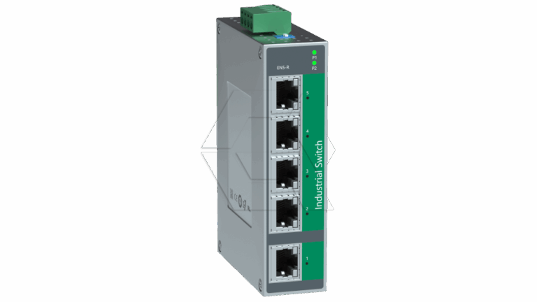 A gray industrial Ethernet switch with five network ports, green terminal block connector on top, and green label reading "Industrial Switch" on the side, with indicator lights labeled P1 and P2.