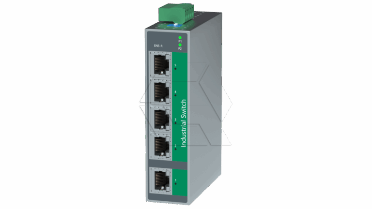 A gray and green industrial Ethernet switch with five ethernet ports on the front panel, indicator lights at the top, and a green power connector on top.
