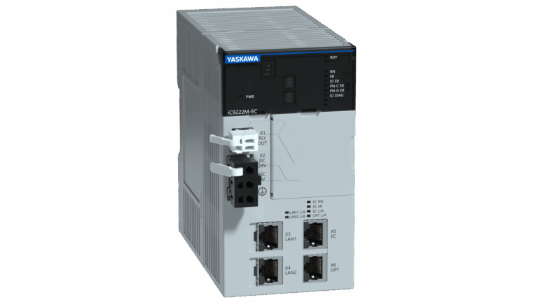 A Yaskawa industrial control module with indicator lights, multiple Ethernet ports, and labeled connections on the front panel, standing upright on a plain background.