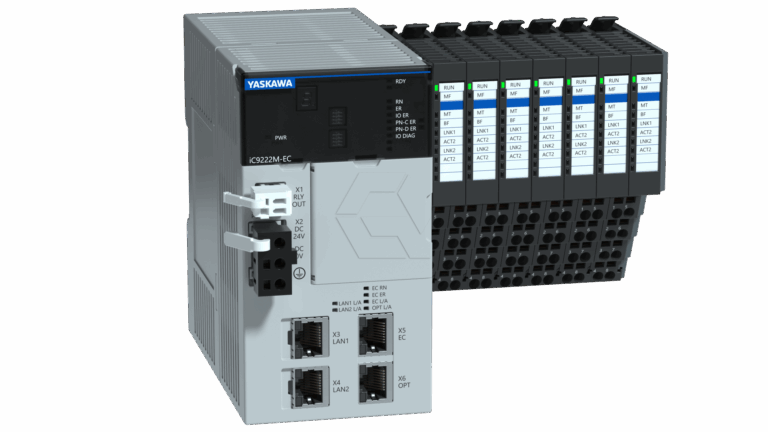 A Yaskawa industrial automation controller with multiple connected input/output modules, various labeled ports, and network connections, designed for use in control systems.
