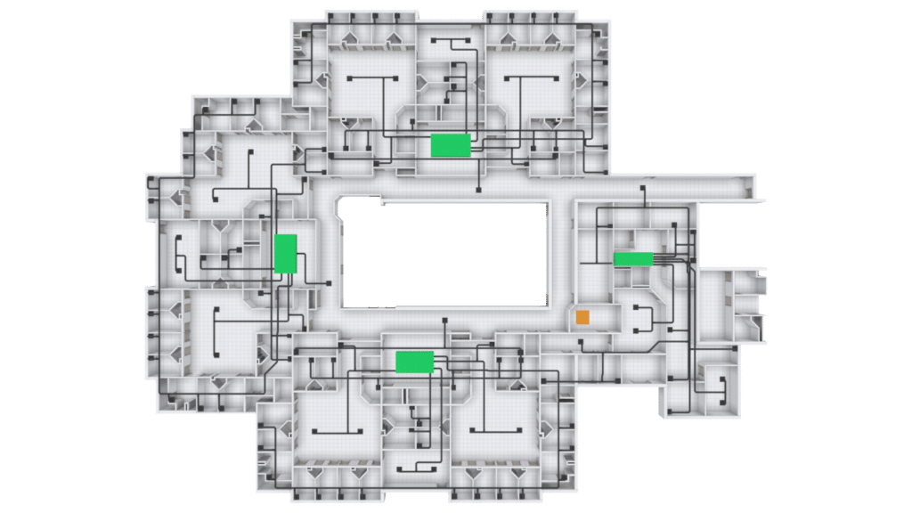 A grayscale building floor plan with multiple rooms and corridors, featuring BAS graphics. Several green rectangles and one orange square highlight key areas within the layout. Black lines connect rooms throughout the structure.